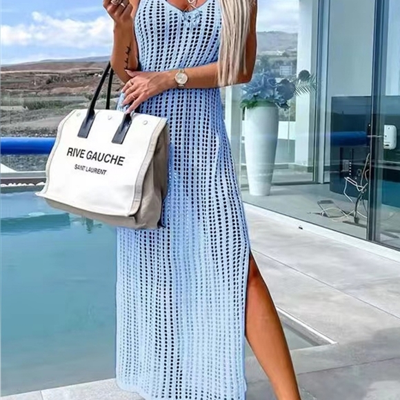 Blue Openwork Slit Cutout Wide Strap Dress - Picture 4 of 9